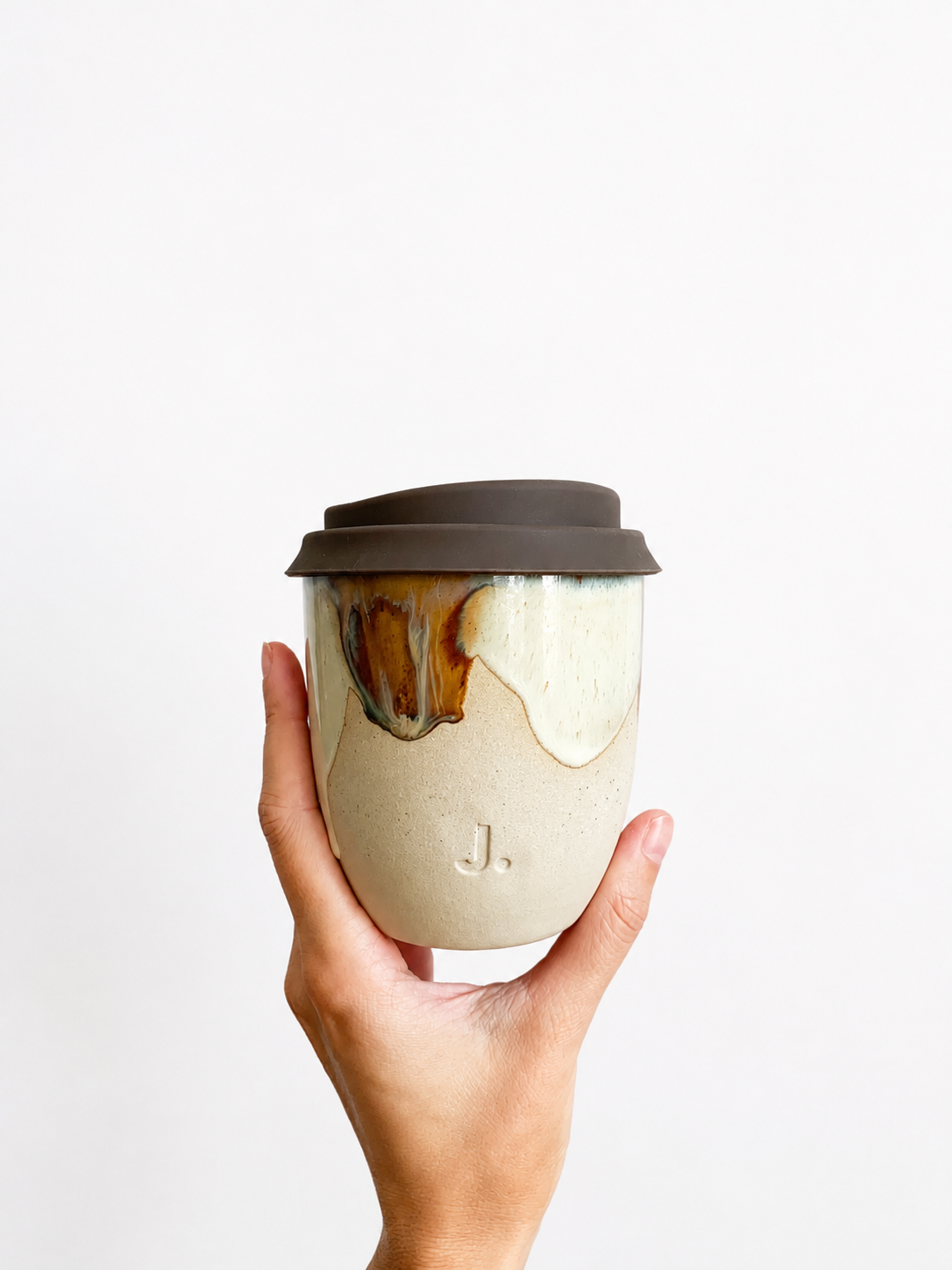 12oz handmade ceramic Keep Cup with dark brown lid
